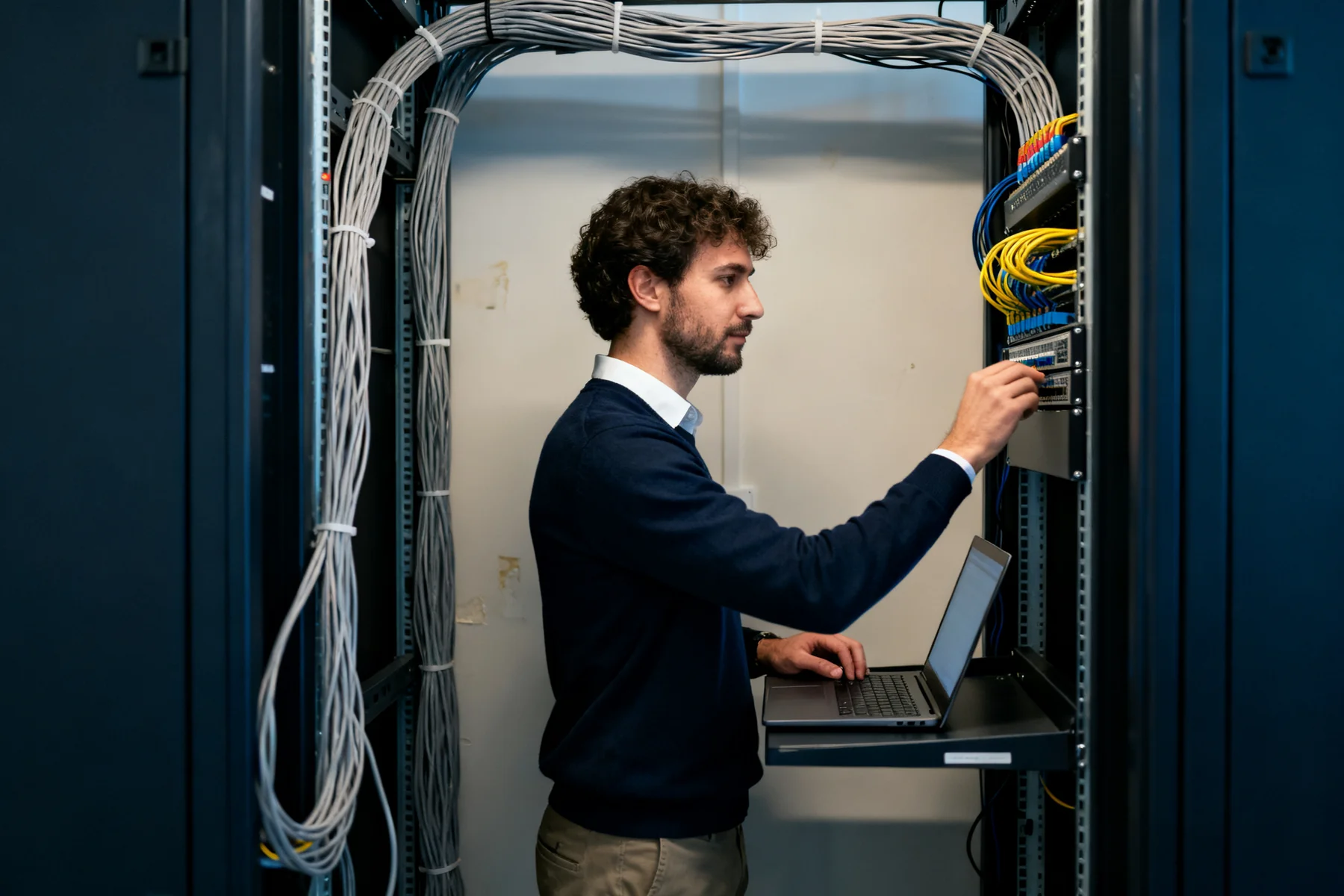 IT professional configuring equipment in an office network rack.