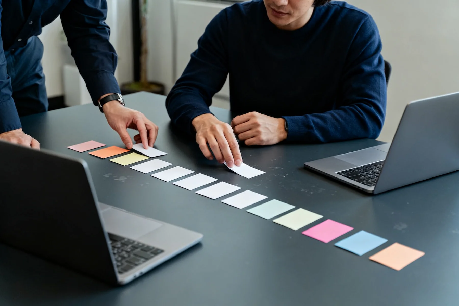 Professionals arranging workflow steps during a process-planning session.