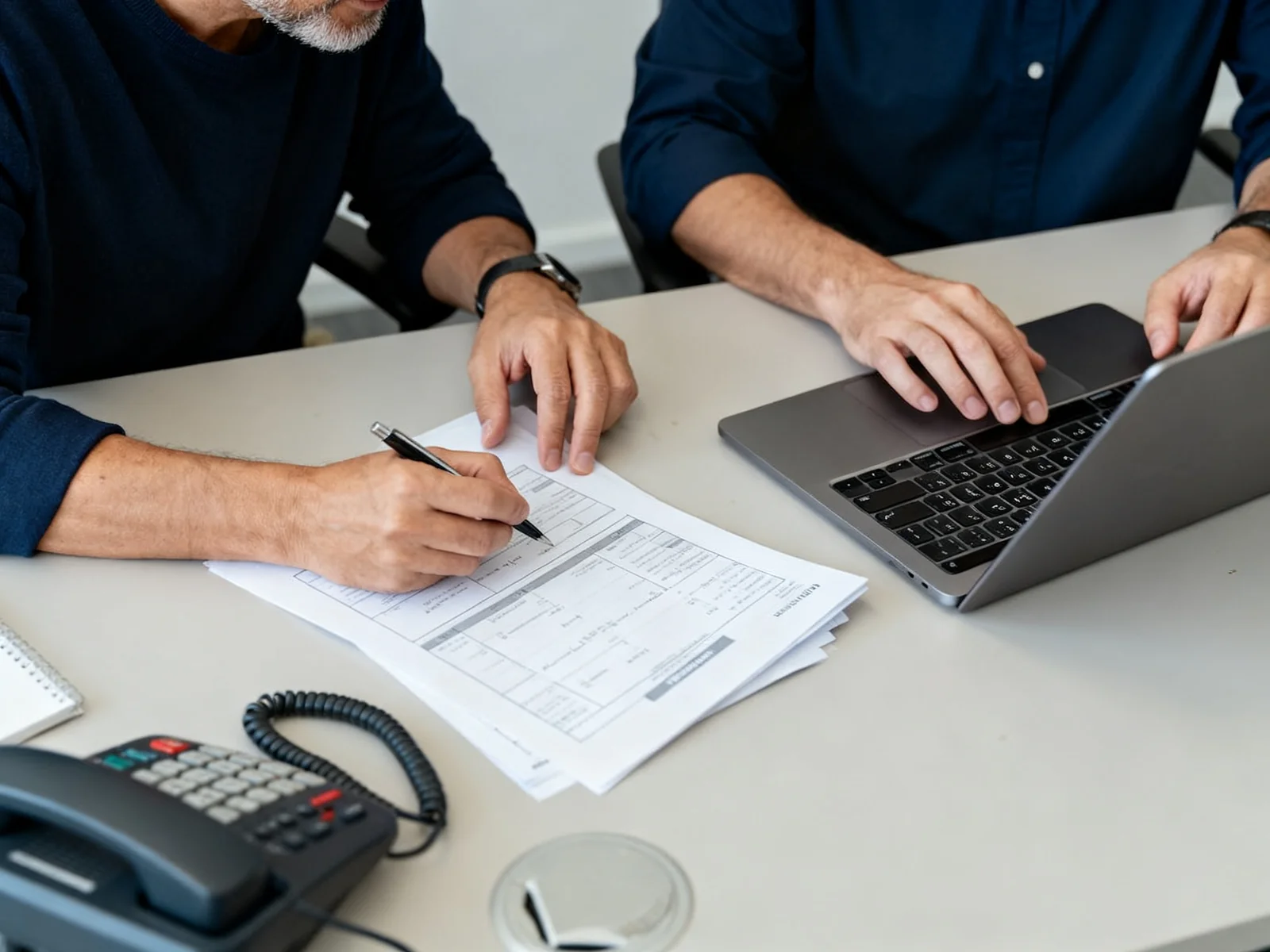 Professionals reviewing an operational workflow at a shared desk.