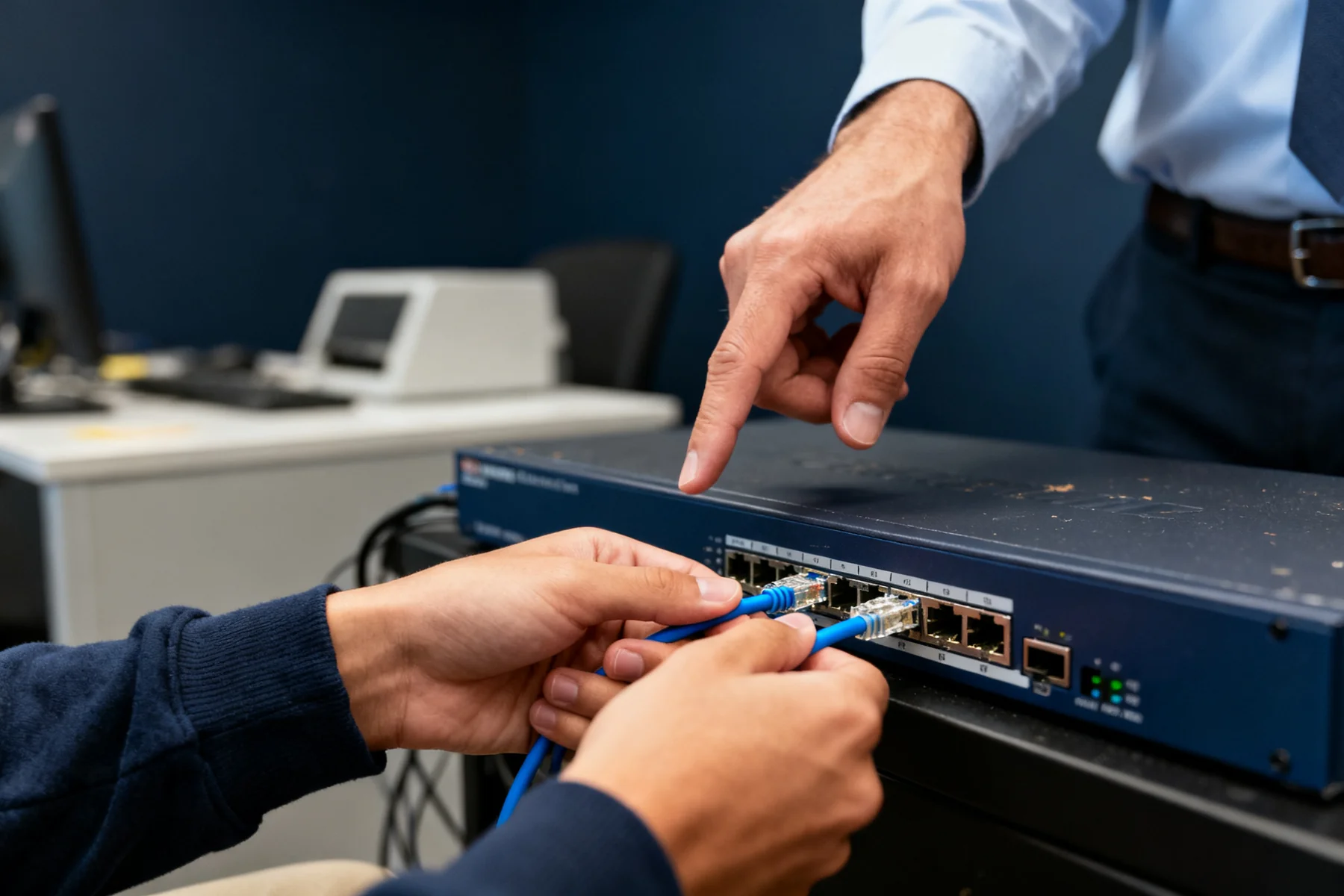 Instructor guiding a learner through a network switch connection.