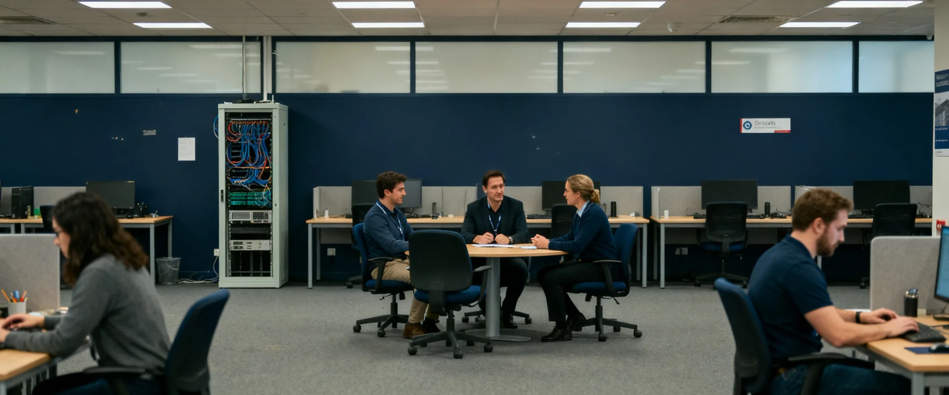 Business technology team working at desks and collaborating around a meeting table.