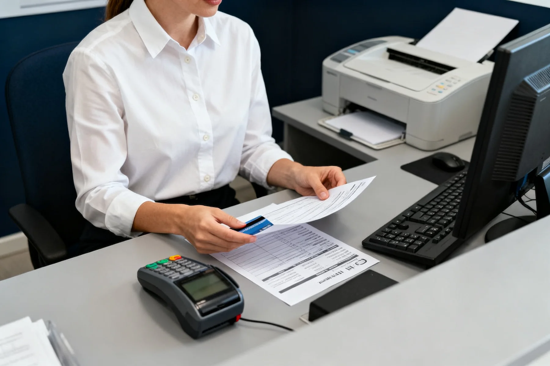 Office worker using payment, printing, and computer systems.