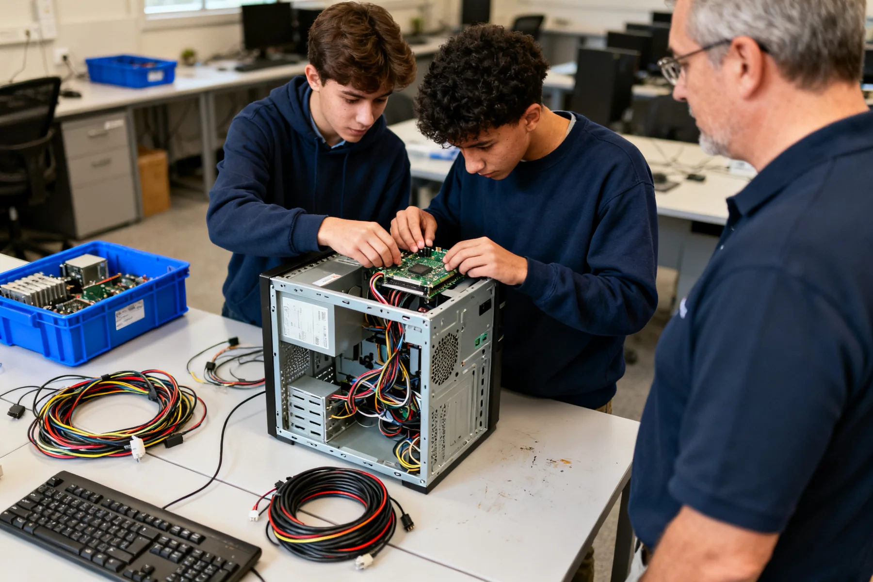 Learners and an instructor working hands-on with computer hardware.