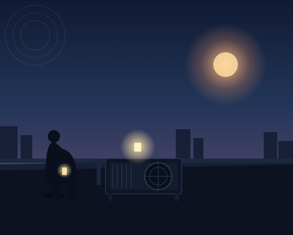 A rooftop HVAC unit at dusk